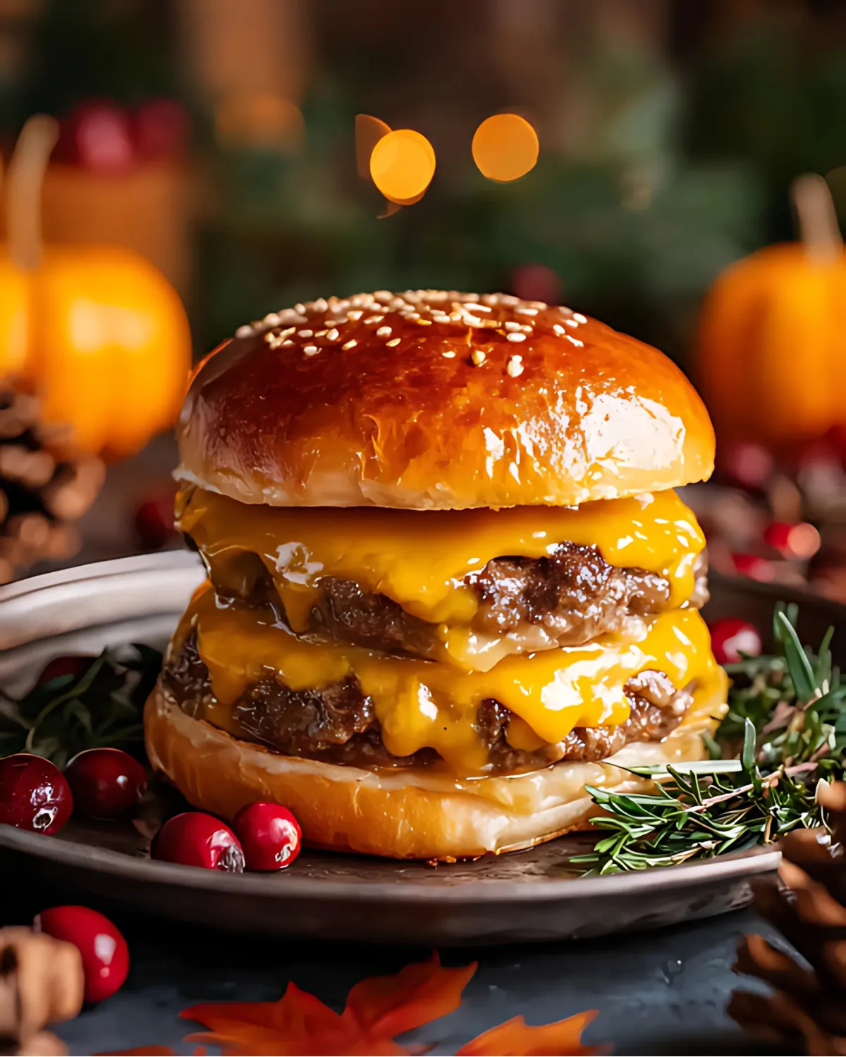 cheeseburger-skull-sliders-gourmet-stacked-burger Close-up of gourmet Cheeseburger Skull Sliders stacked with melted cheddar on a sesame seed bun, styled with autumn décor