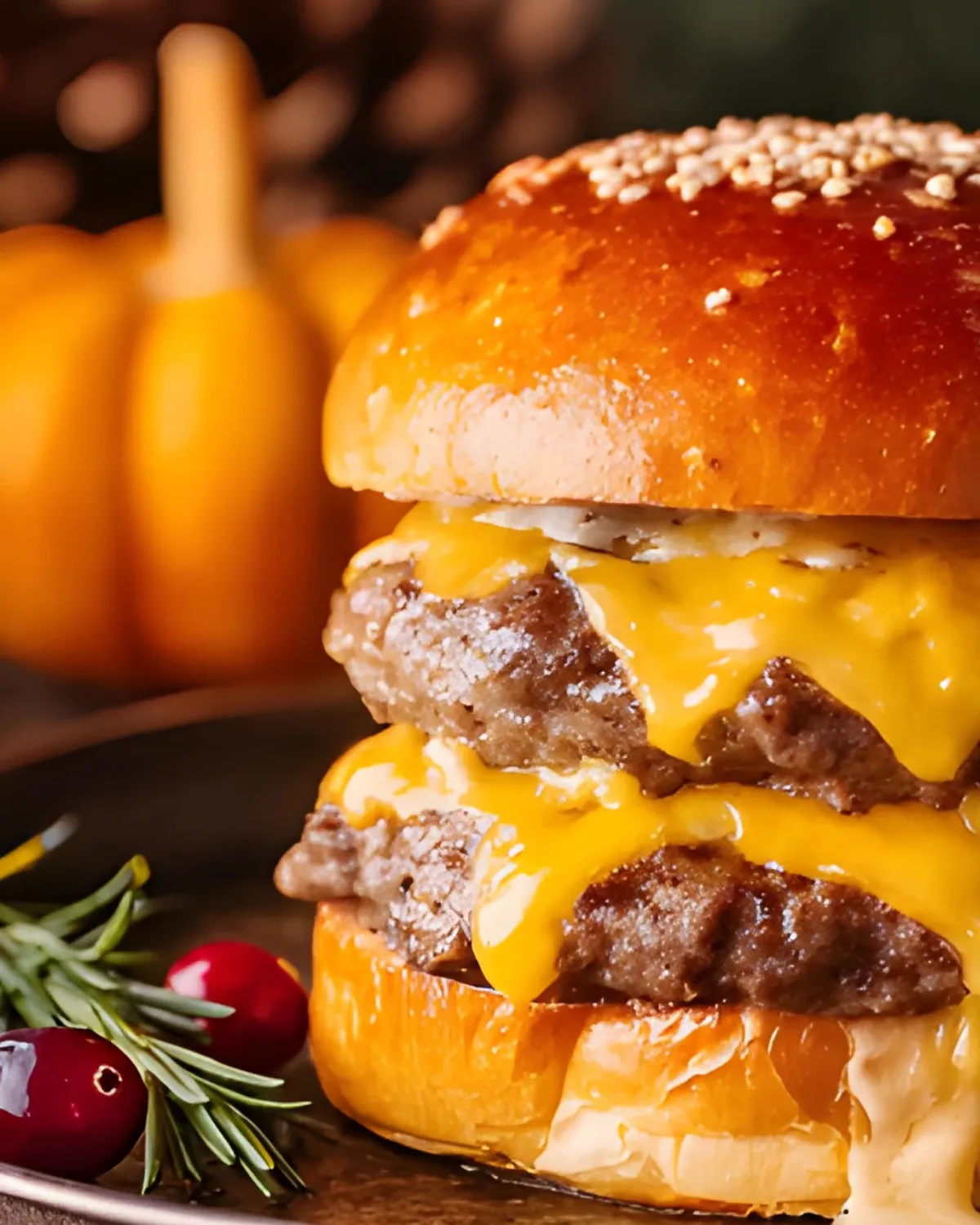 cheeseburger-skull-sliders-closeup-melted-cheddar-burger Close-up of Cheeseburger Skull Sliders with juicy beef patties and melted cheddar cheese on a glossy bun