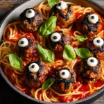 Spooky spaghetti and meatballs with black olives styled like monster eyes for Halloween