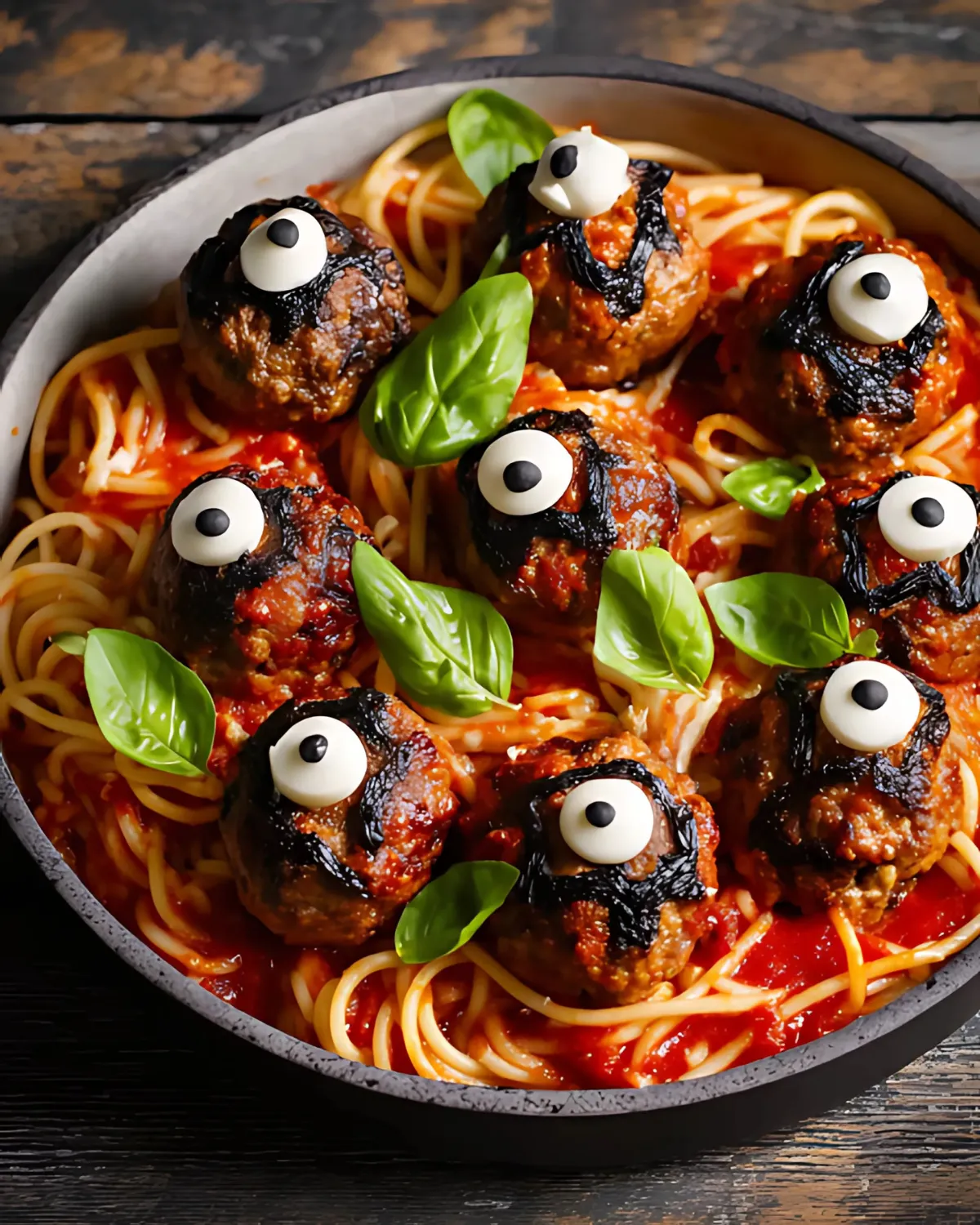 spooky-spaghetti-and-meatballs-with-black-olives Spooky spaghetti and meatballs with black olives styled like monster eyes for Halloween