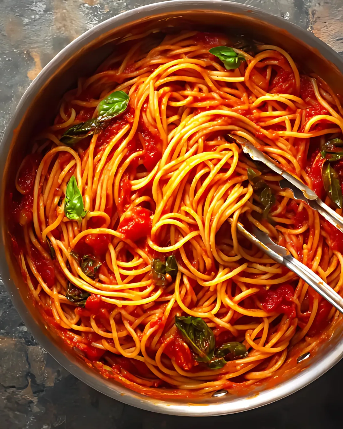 spooky-spaghetti-and-meatballs-with-black-olives-preparation Tomato basil spaghetti in a pan as a base for spooky spaghetti and meatballs with black olives
