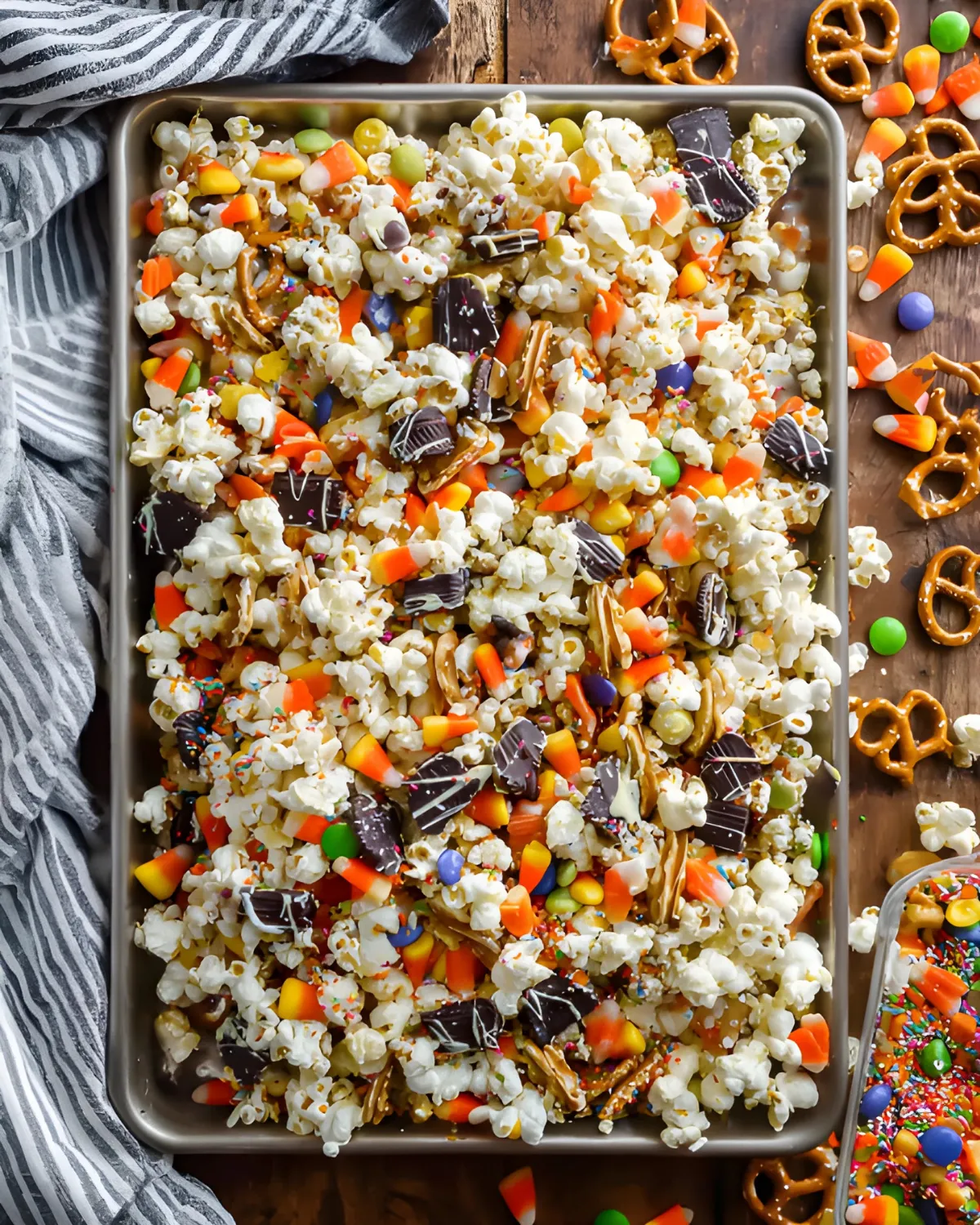 candy-corn-popcorn-mix-halloween-party-tray Tray of candy corn popcorn mix topped with chocolate pieces, pretzels, candy, and colorful Halloween sprinkles.