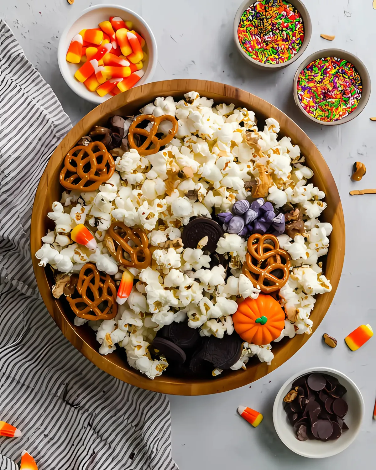 candy-corn-popcorn-mix-halloween-snack-bowl Large wooden bowl filled with candy corn popcorn mix, pretzels, chocolate, cookies, and Halloween sprinkles.