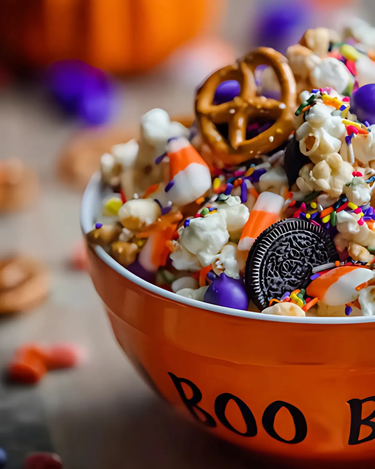 candy-corn-popcorn-mix-halloween-treat-bowl Close-up of candy corn popcorn mix in an orange Halloween bowl with pretzels, cookies, sprinkles, and colorful candies.