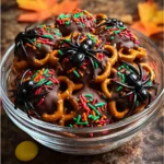 Bowl of Spooky Spider Pretzel Mix topped with chocolate, colorful sprinkles, and plastic spiders for a Halloween treat