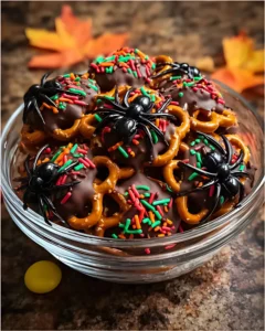 Bowl of Spooky Spider Pretzel Mix topped with chocolate, colorful sprinkles, and plastic spiders for a Halloween treat