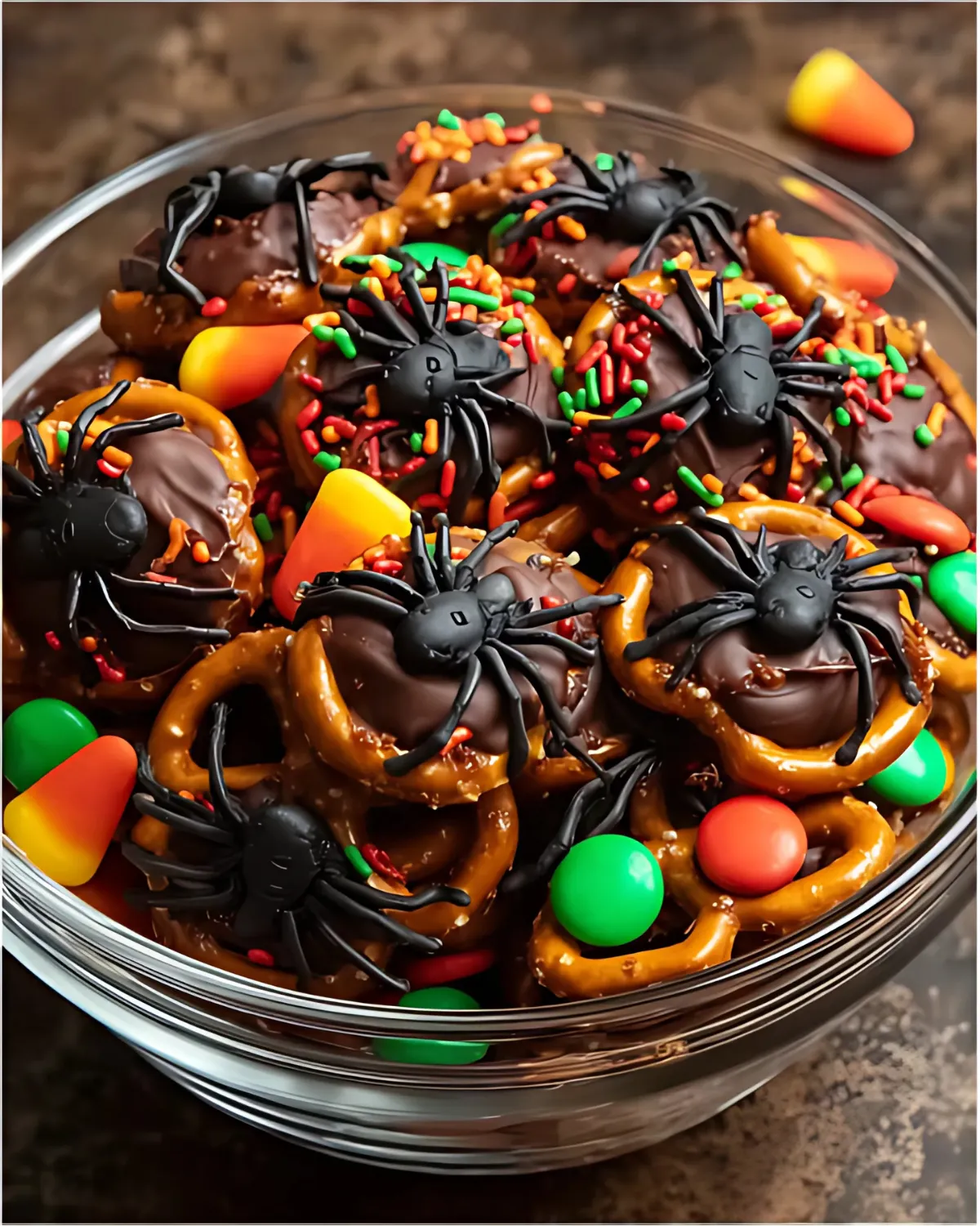 spooky-spider-pretzel-mix-candy-halloween-treat Spooky Spider Pretzel Mix with chocolate-covered pretzels, candy corn, colorful sprinkles, and plastic spider toppers in a glass bowl