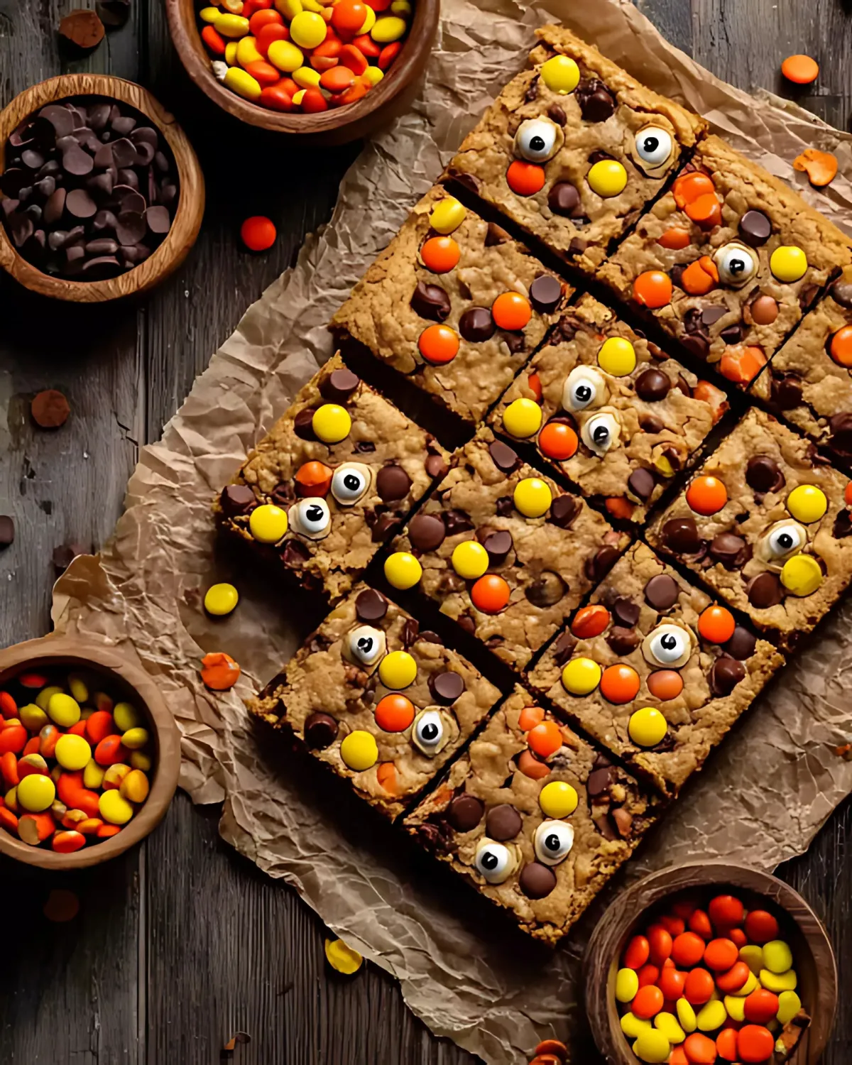 Halloween Blondie Bars topped with candy eyes, Reese’s Pieces, and chocolate chips on parchment paper.