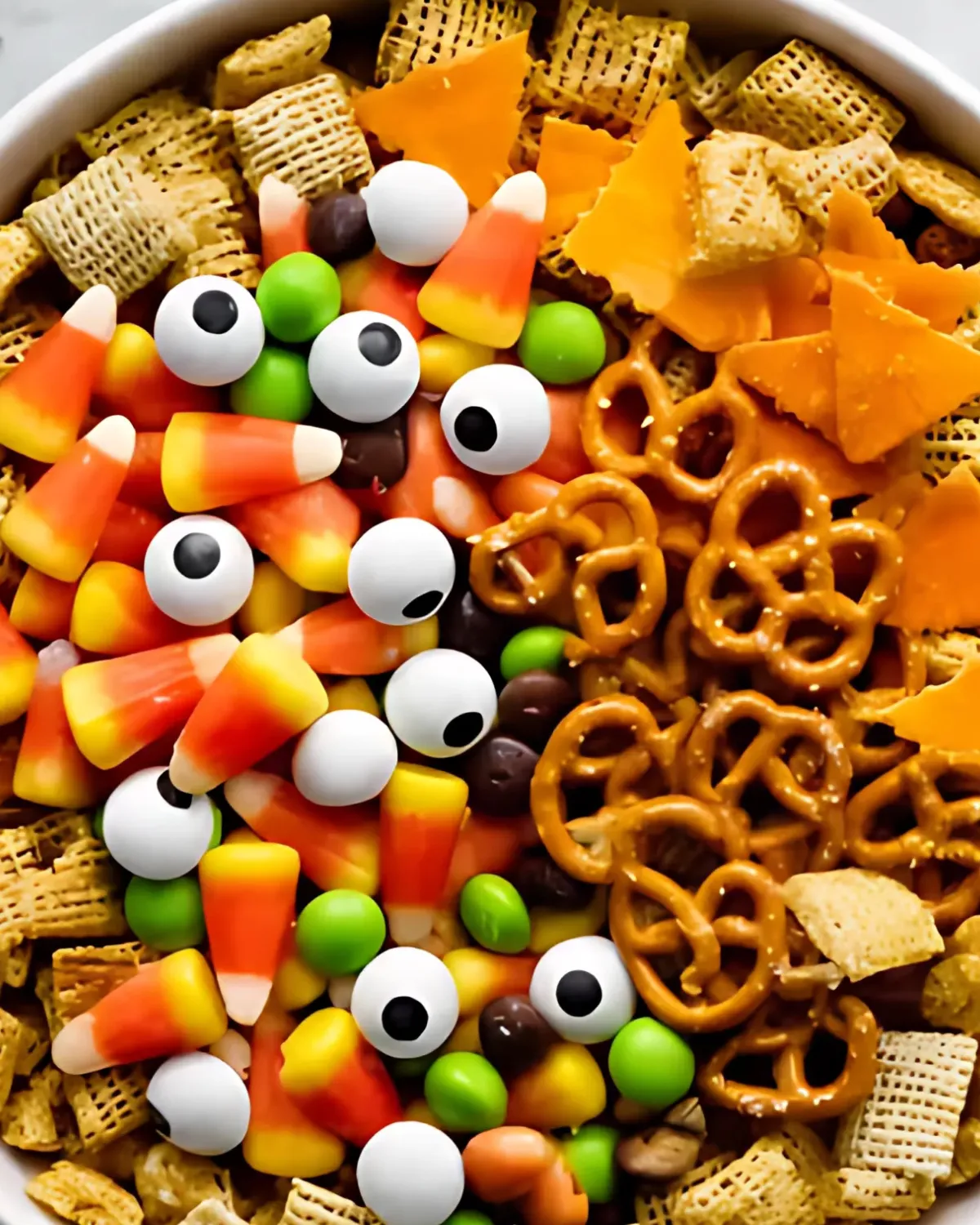 Colorful Halloween Harvest Snack Mix with candy corn, pretzels, googly eyes, and cereal pieces in a festive bowl