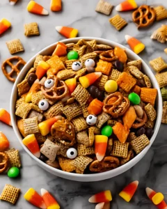 Halloween Harvest Snack Mix in a white bowl filled with Chex cereal, pretzels, candy corn, cheesy crackers, chocolate candies, and candy eyeballs