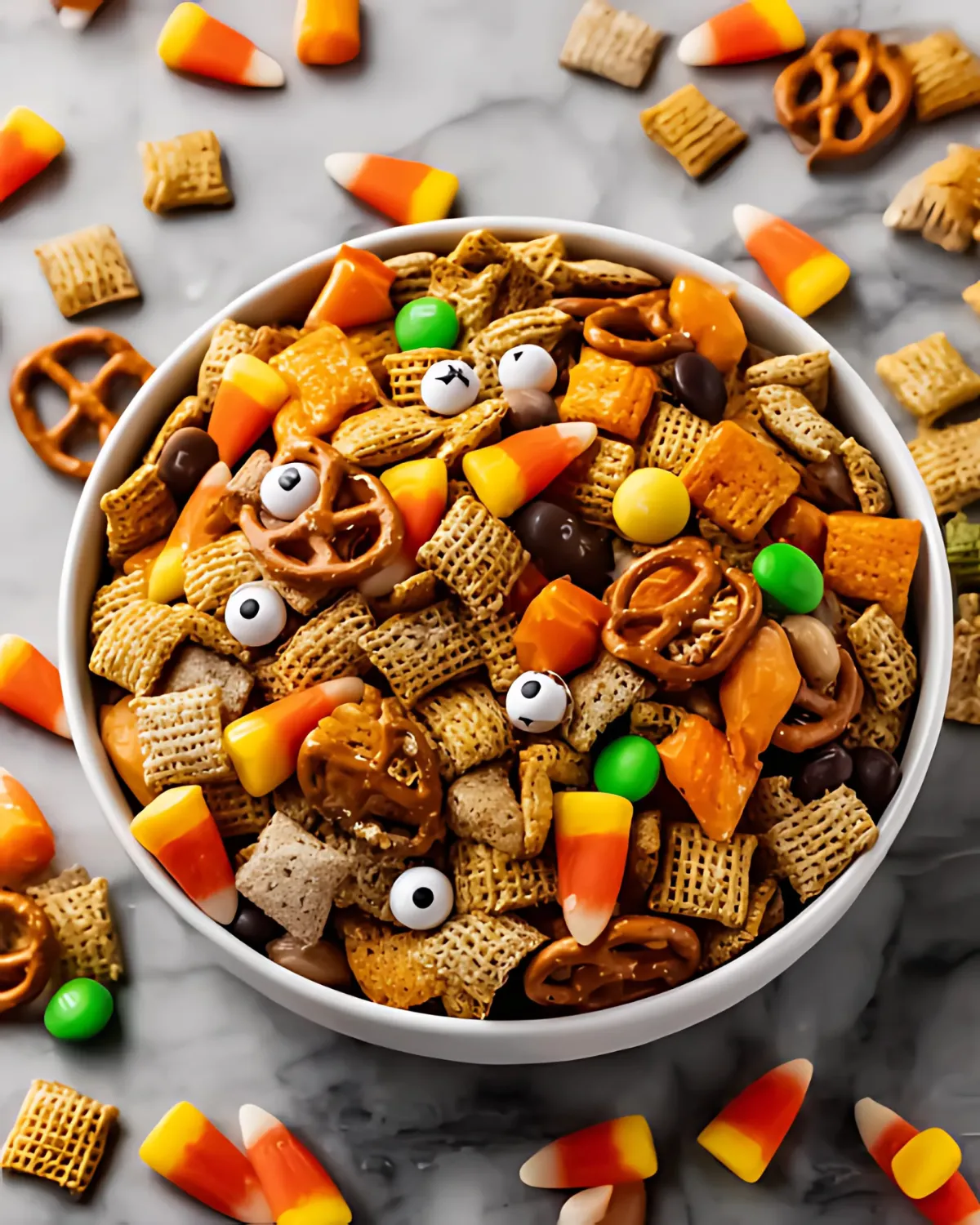 Halloween Harvest Snack Mix in a white bowl filled with Chex cereal, pretzels, candy corn, cheesy crackers, chocolate candies, and candy eyeballs