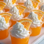 Keto orange jello shots topped with whipped cream and orange candy slices in clear cups
