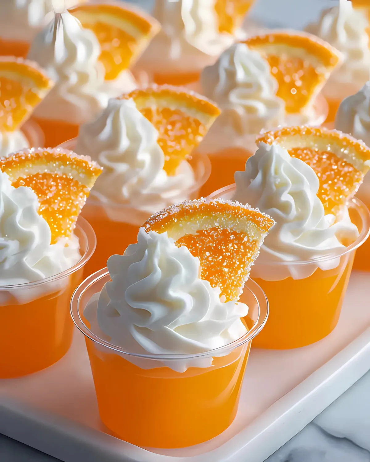 keto-orange-jello-shots-dessert-cups Keto orange jello shots topped with whipped cream and orange candy slices in clear cups