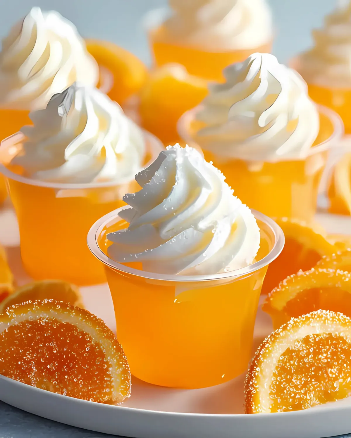 keto-orange-jello-shots-with-whipped-cream Keto orange jello shots in clear cups topped with whipped cream and surrounded by sugar-free orange slices