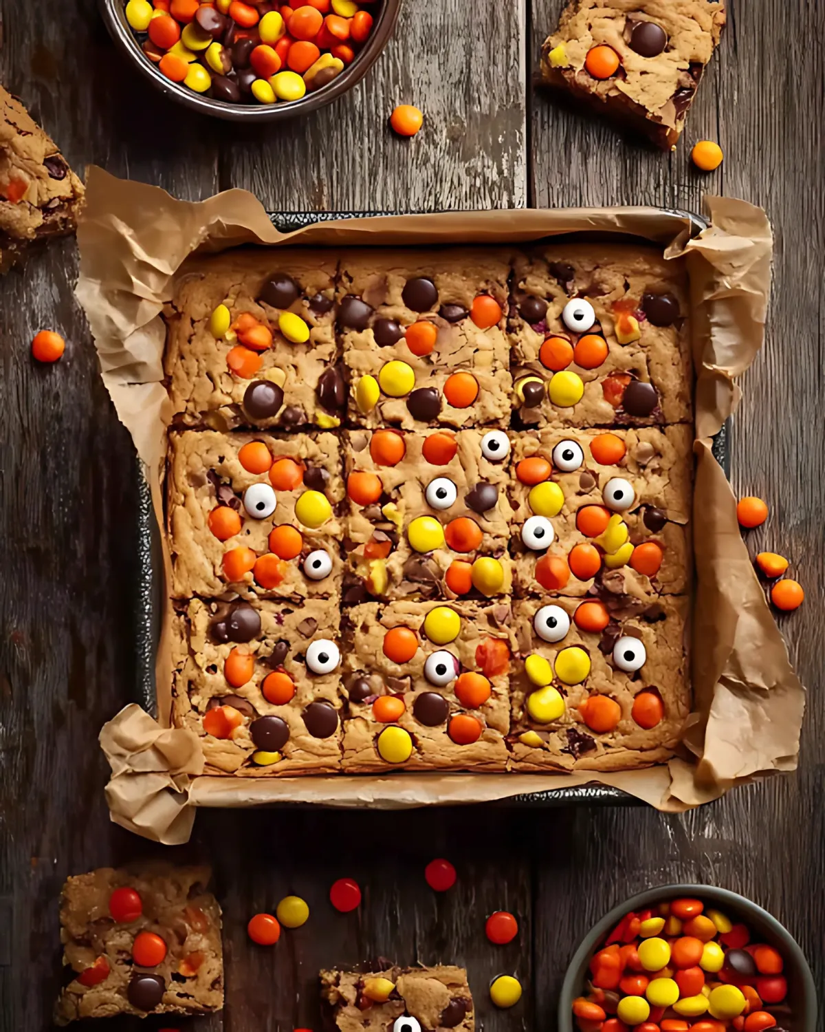 Freshly baked Halloween Blondie Bars in a parchment-lined pan, topped with Reese’s Pieces, chocolate chips, and candy eyes.