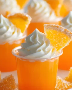 Keto orange jello shot in a clear plastic cup topped with whipped cream and a sugar-free orange candy slice