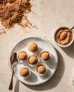 Homemade Keto Pumpkin Fat Bombs arranged on a white plate with crushed nuts and a spoon on the side.