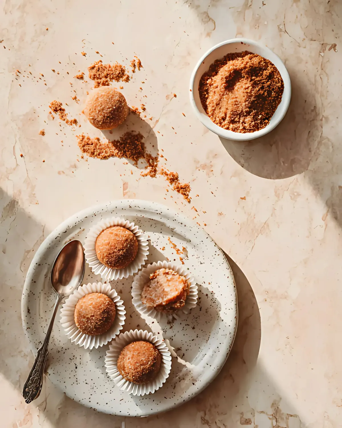 A plate of Keto Pumpkin Fat Bombs with one bitten to reveal the creamy inside, next to a bowl of nutty coating.