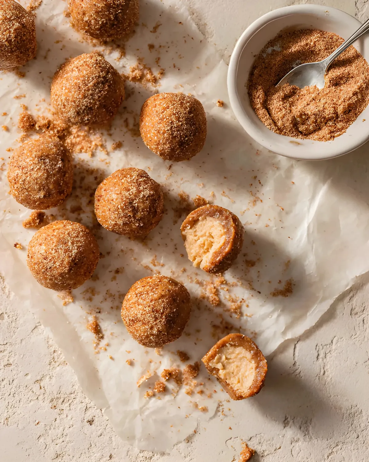 Keto Pumpkin Fat Bombs on parchment paper, with two cut open to reveal a creamy pumpkin filling.