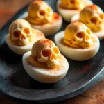 Keto Halloween deviled eggs shaped like skulls, served on a black plate for a spooky party treat