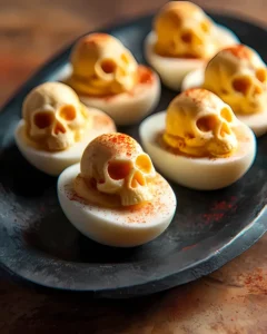 Keto Halloween deviled eggs shaped like skulls, served on a black plate for a spooky party treat
