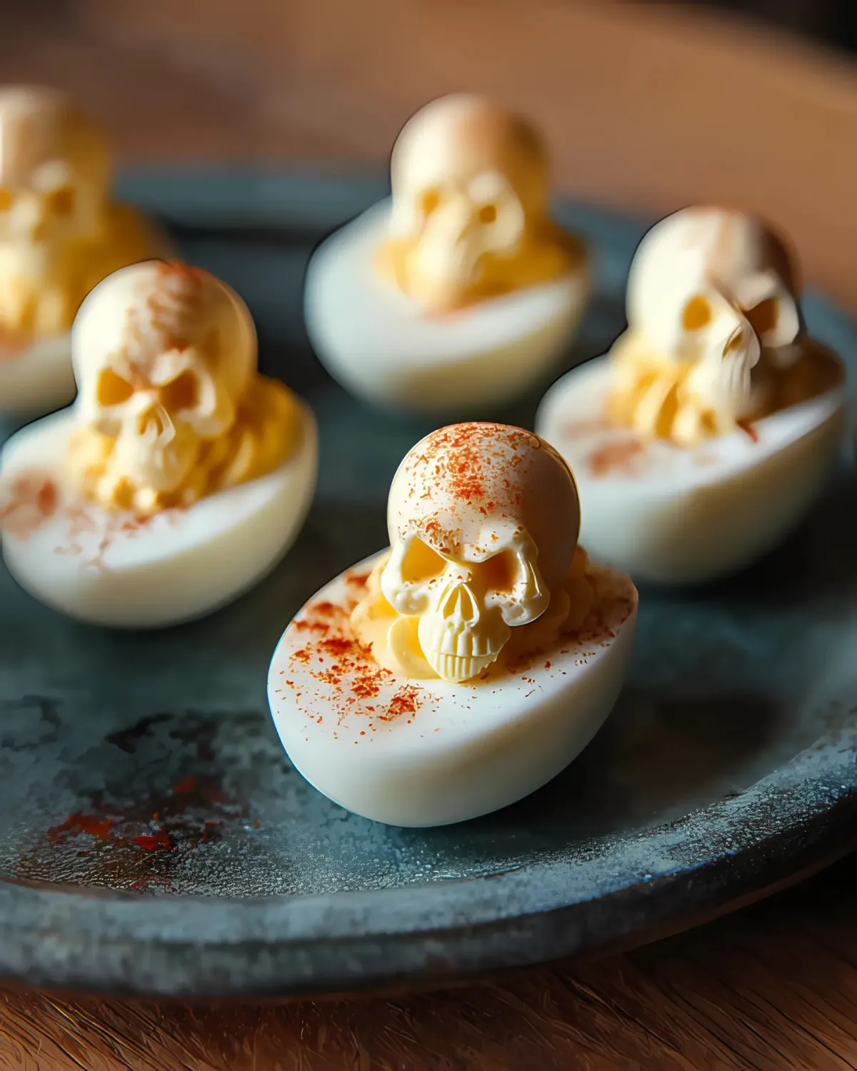 keto-halloween-deviled-eggs-spooky-skull-style Keto Halloween deviled eggs styled with spooky skull-shaped yolk filling on a dark plate