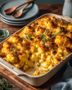 Golden baked cauliflower mac and cheese topped with crispy breadcrumbs in a ceramic dish