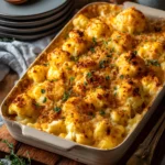 Creamy cauliflower mac and cheese baked with golden melted cheese and herb topping