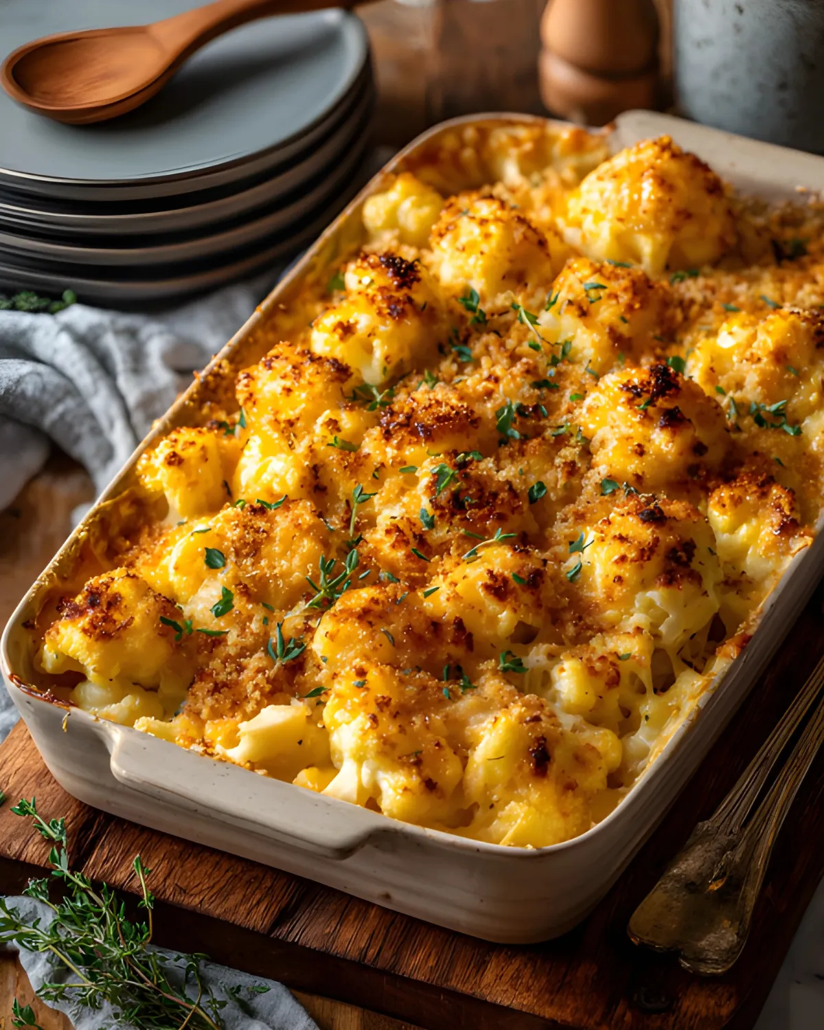 Creamy cauliflower mac and cheese baked with golden melted cheese and herb topping