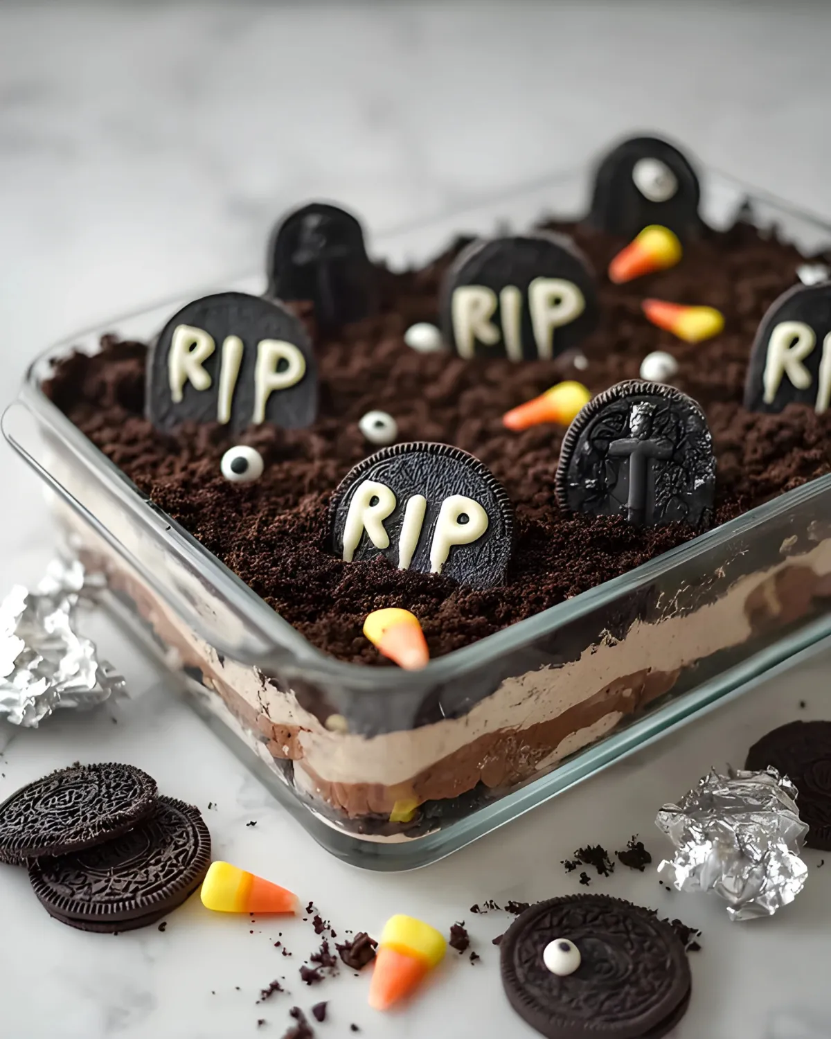 Graveyard Chocolate Cake layered with chocolate pudding, crushed Oreos, and candy decorations for a spooky Halloween dessert