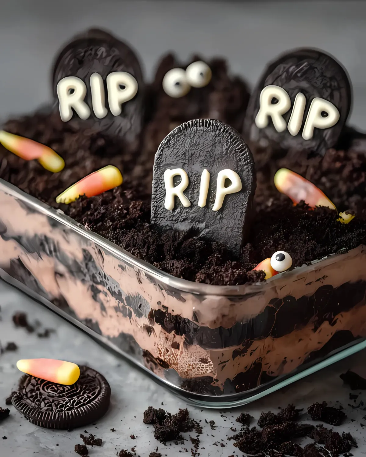 Graveyard Chocolate Cake with layers of chocolate mousse, crushed Oreos, candy corn, and edible tombstones for Halloween