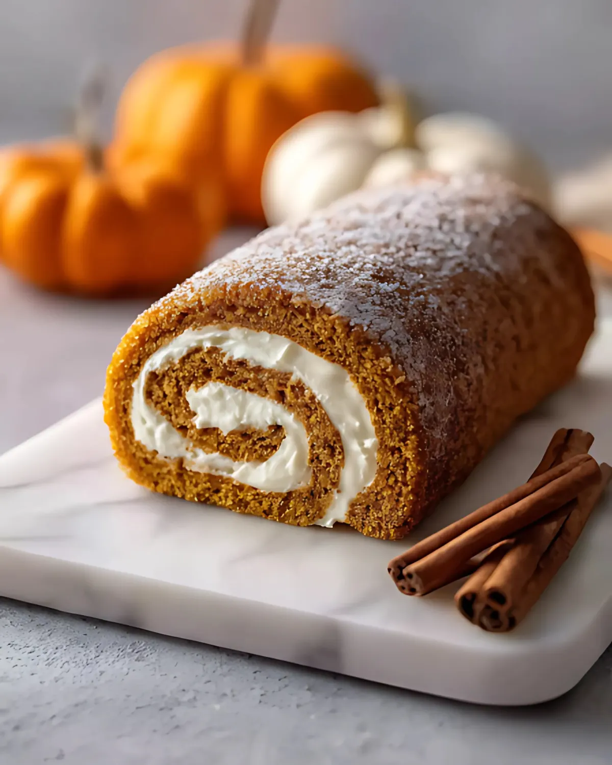 Close-up of a homemade pumpkin roll cake with cream cheese filling on a marble board, surrounded by cinnamon sticks and pumpkins.