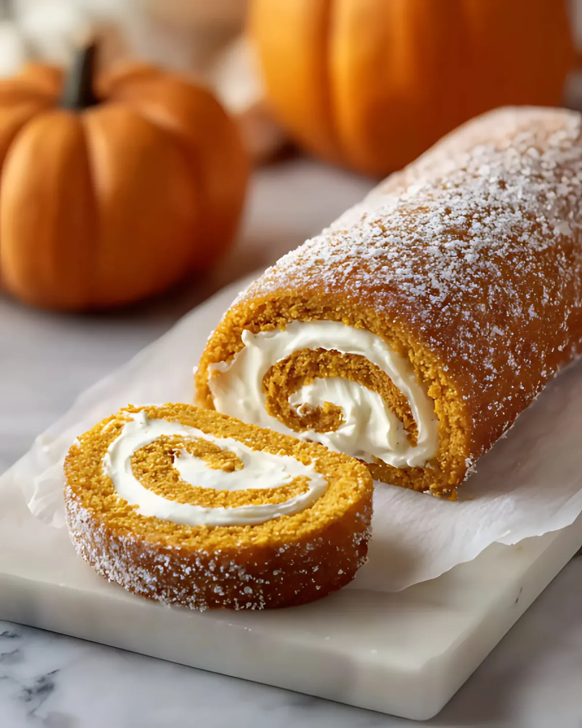 Sliced pumpkin roll cake with cream cheese filling on parchment paper, dusted with powdered sugar and surrounded by pumpkins.