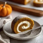 Slice of pumpkin roll cake with cream cheese filling on a rustic plate, dusted with powdered sugar and served with a fork.