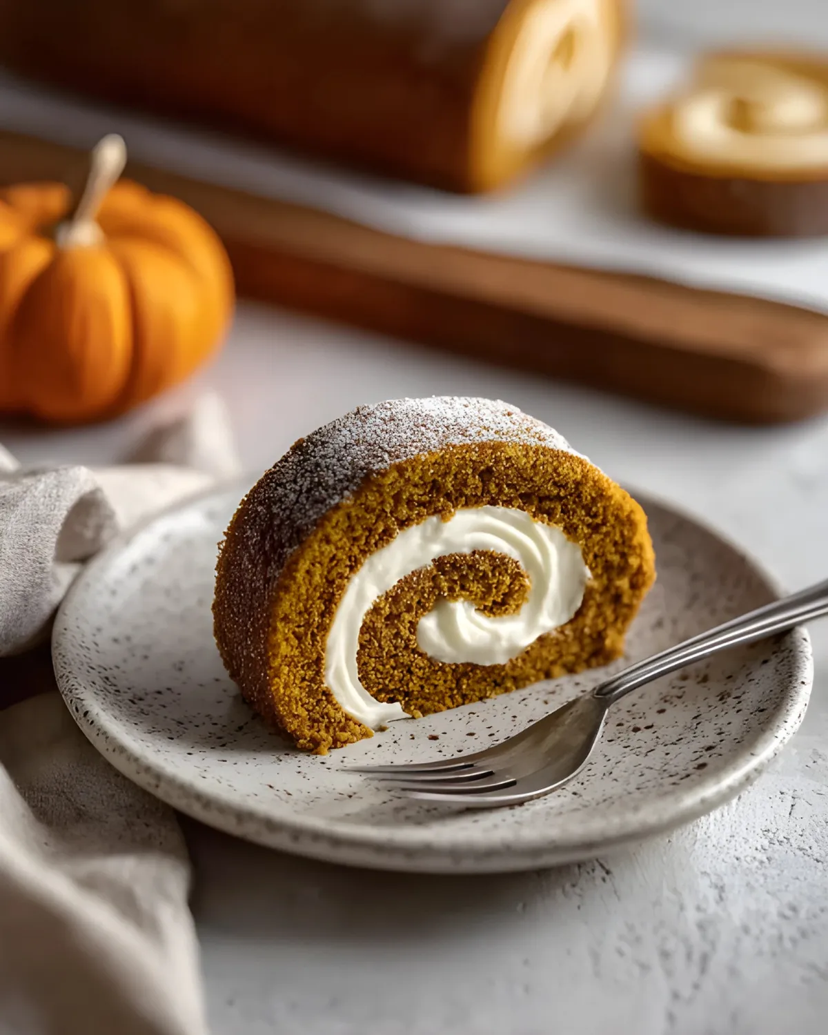 Slice of pumpkin roll cake with cream cheese filling on a rustic plate, dusted with powdered sugar and served with a fork.