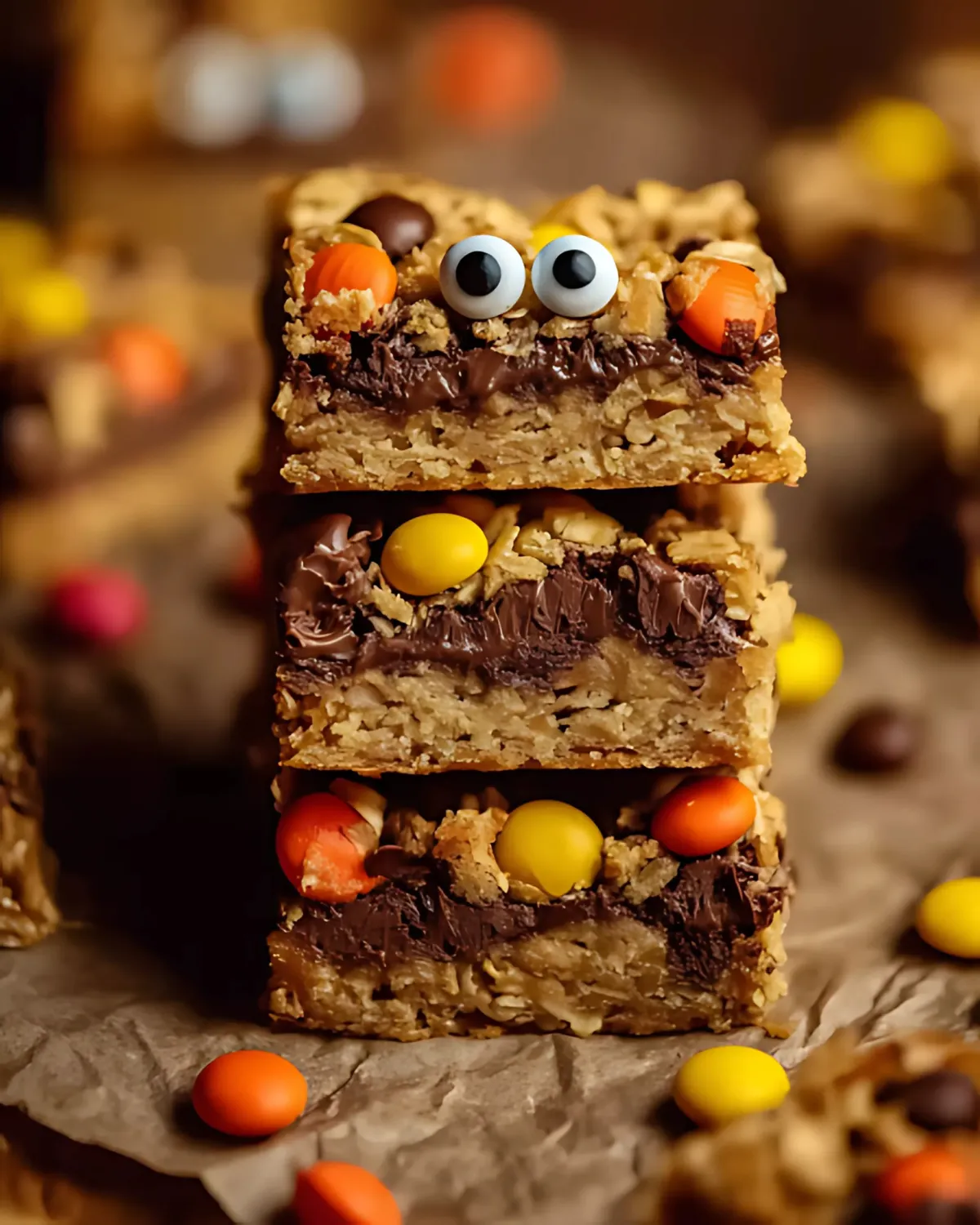 Stack of Halloween Blondie Bars filled with chocolate, Reese’s Pieces, and topped with candy eyes for a spooky treat.