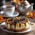 Spider Web Cheesecake decorated with chocolate drizzle and candy spiders, perfect for a spooky Halloween dessert.