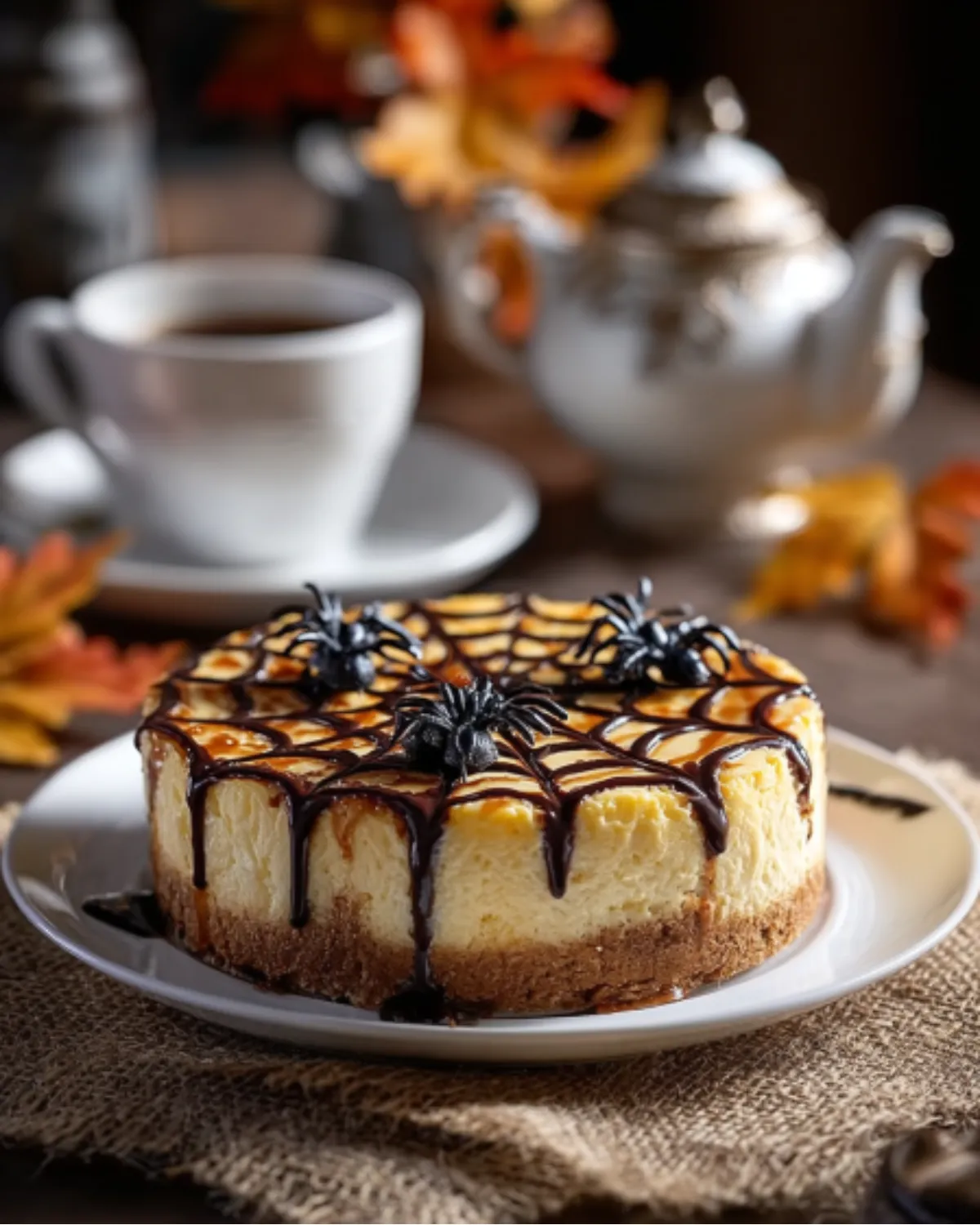 Spider Web Cheesecake decorated with chocolate drizzle and candy spiders, perfect for a spooky Halloween dessert.