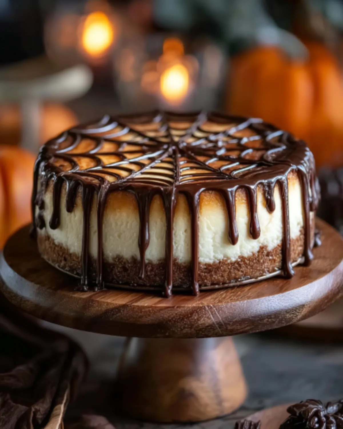 Spider Web Cheesecake with rich chocolate drip and web design, displayed on a wooden cake stand for a Halloween celebration.