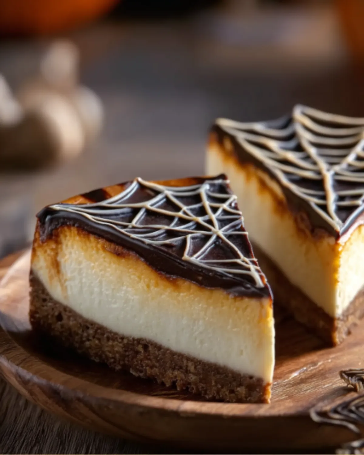 Close-up of Spider Web Cheesecake slices with chocolate ganache and spiderweb design on a wooden plate.