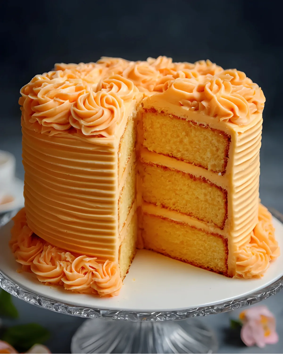 Orange Velvet Layer Cake with three moist layers and creamy orange frosting, displayed on a glass cake stand.