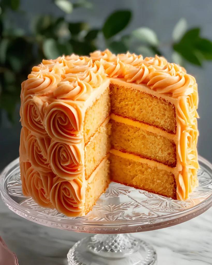 Orange Velvet Layer Cake with rose-piped orange frosting and three moist layers on a decorative glass stand.
