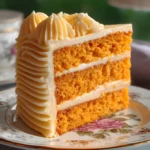 Slice of orange velvet cake recipe with cream cheese frosting on a floral dessert plate.