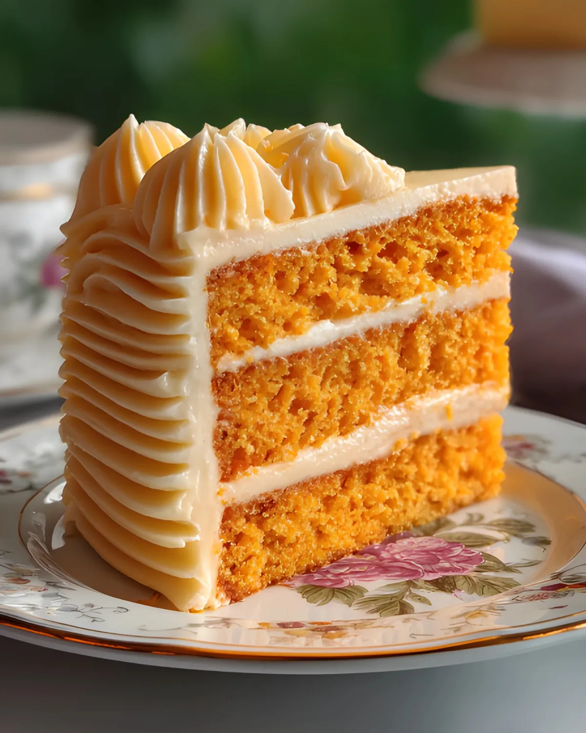 Slice of orange velvet cake recipe with cream cheese frosting on a floral dessert plate.