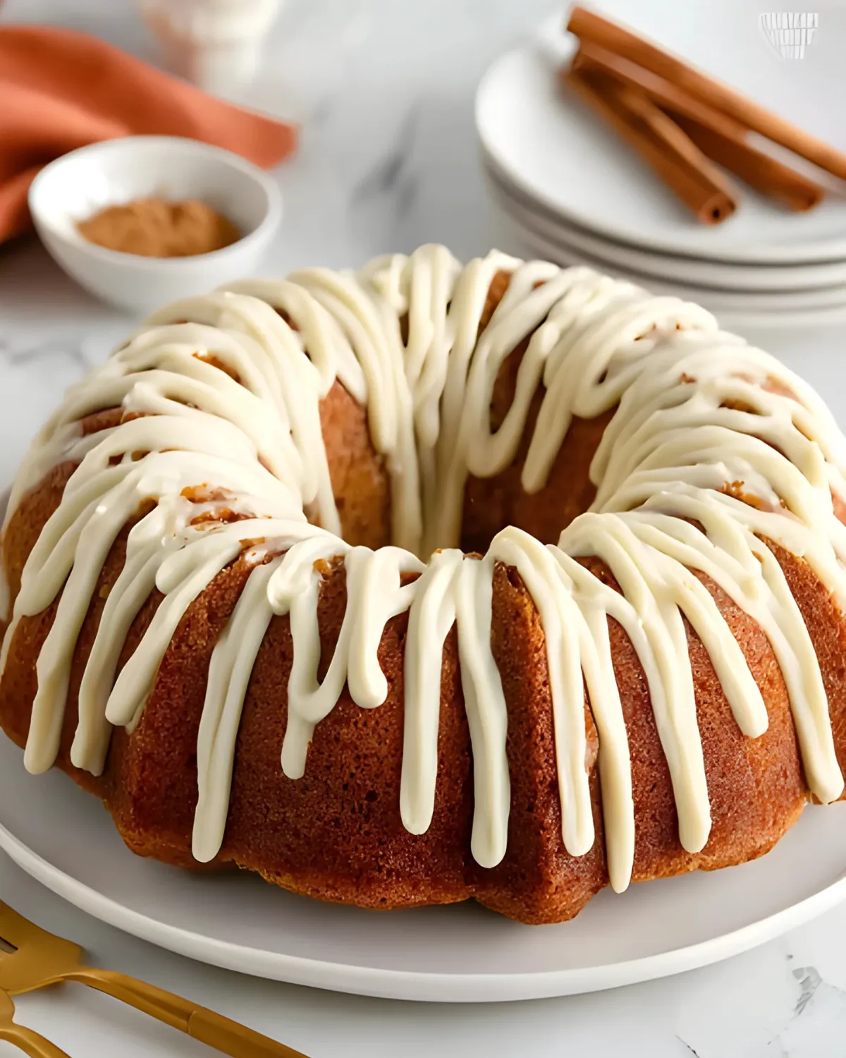 Moist and fluffy Pumpkin Spice Bundt Cake topped with creamy vanilla glaze on a white plate