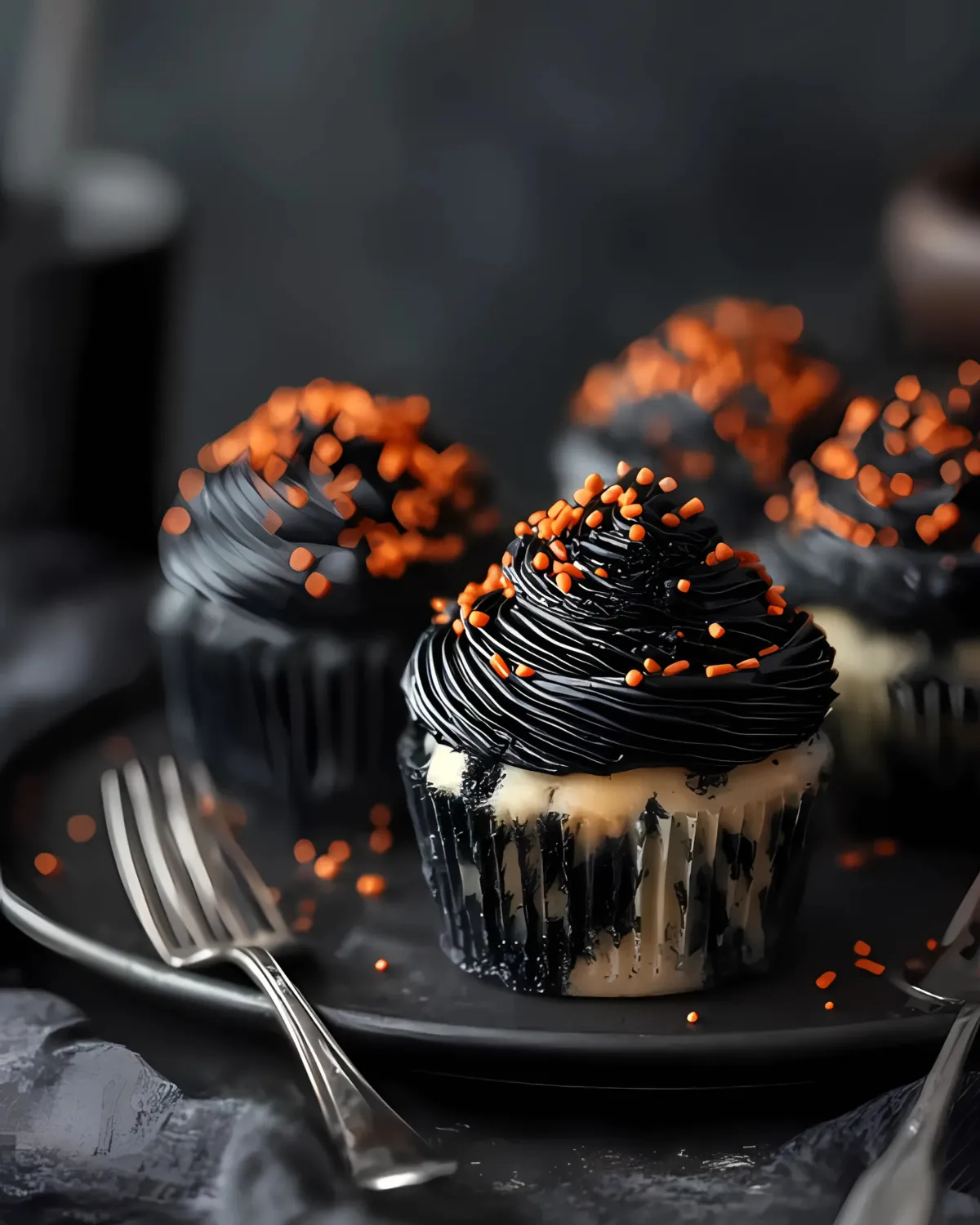 Halloween Funfetti Cupcakes with dramatic black swirl frosting and orange sprinkles on a black plate