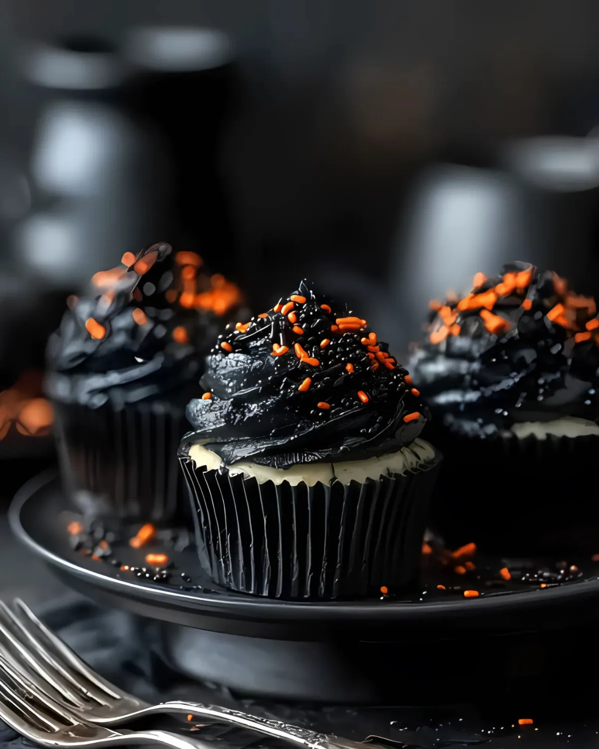 Halloween Funfetti Cupcakes with dark frosting, orange sprinkles, and black cupcake liners