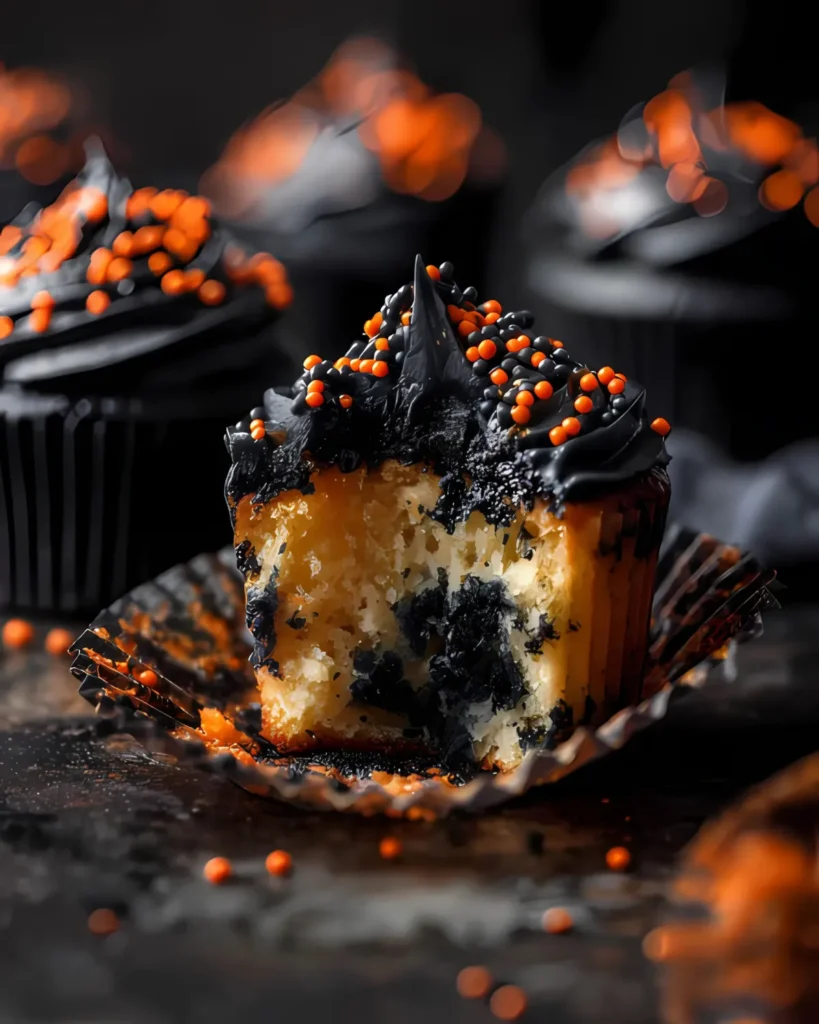 Halloween Funfetti Cupcakes with moist vanilla crumb, black frosting, and orange sprinkles