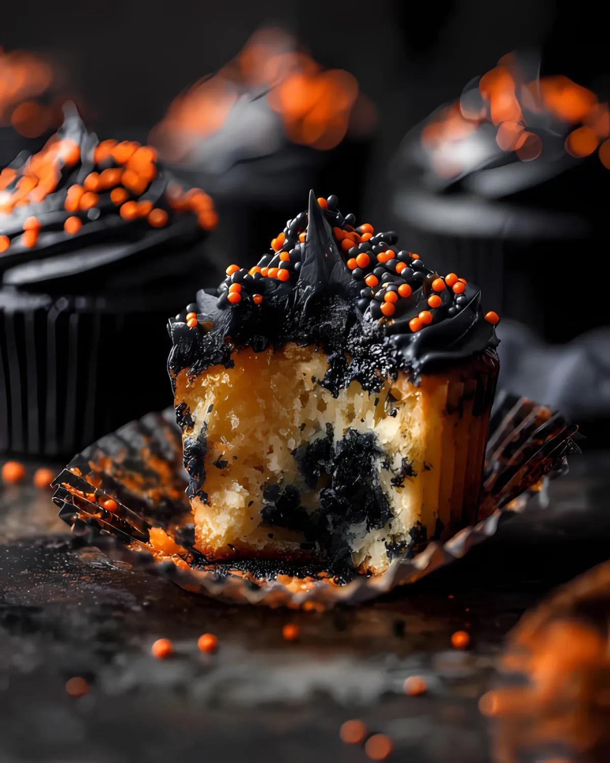 Halloween Funfetti Cupcakes with moist vanilla crumb, black frosting, and orange sprinkles