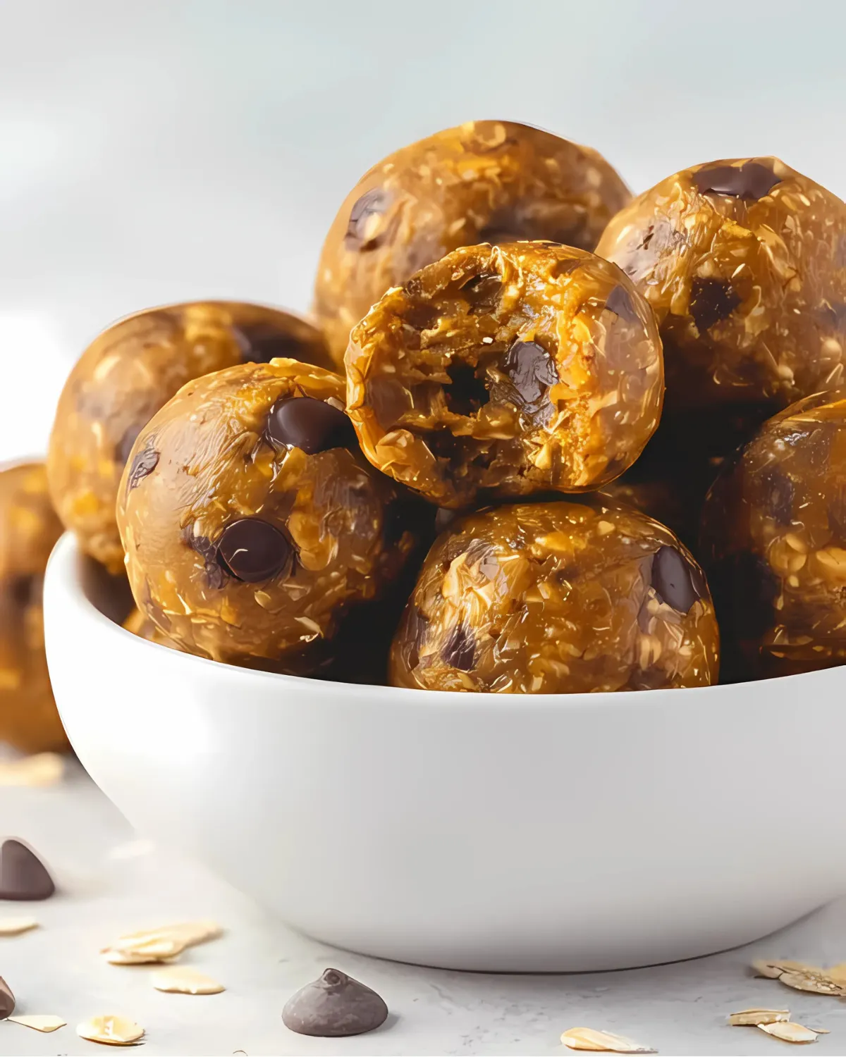 Close-up of Pumpkin Energy Balls with chocolate chips and oats in a white bowl, one with a bite taken out